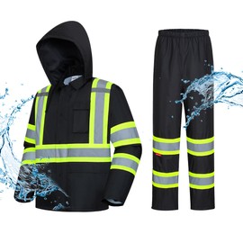 ProtectX High Visibility Rain Suit for Men, Hi Vis Waterproof Work Rain Gear, Reflective Safety Rain Jacket and Pant, Black