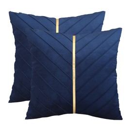 Tosleo Navy Blue Velvet Throw Pillow Covers 24x24 inch Pack of 2 with Gold Leather Decorative Couch Pillowcases Luxury Modern Pillow Cover for Living Room Bedroom Sofa Cushion Bed
