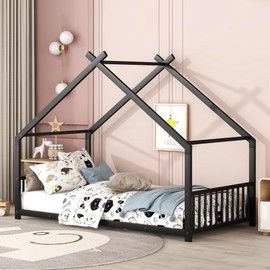 Jintop Metal Twin Size House Bed with Roof and Slats Support,Playhouse Design Montessori Floor Bed Frame W/Headboard & Footboard,No Box Spring Needed,for Kids Girls Boys,Black