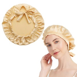 UEIOAVL Duschhauben, 1 Stück Maulbeerseide-Schlafmütze Duschhaube zum Binden Haarpflege-Schlafmütze mit elastischem Kordelzug schützende Haar-Schlafmütze für Frauen und Mädchen (Gold)