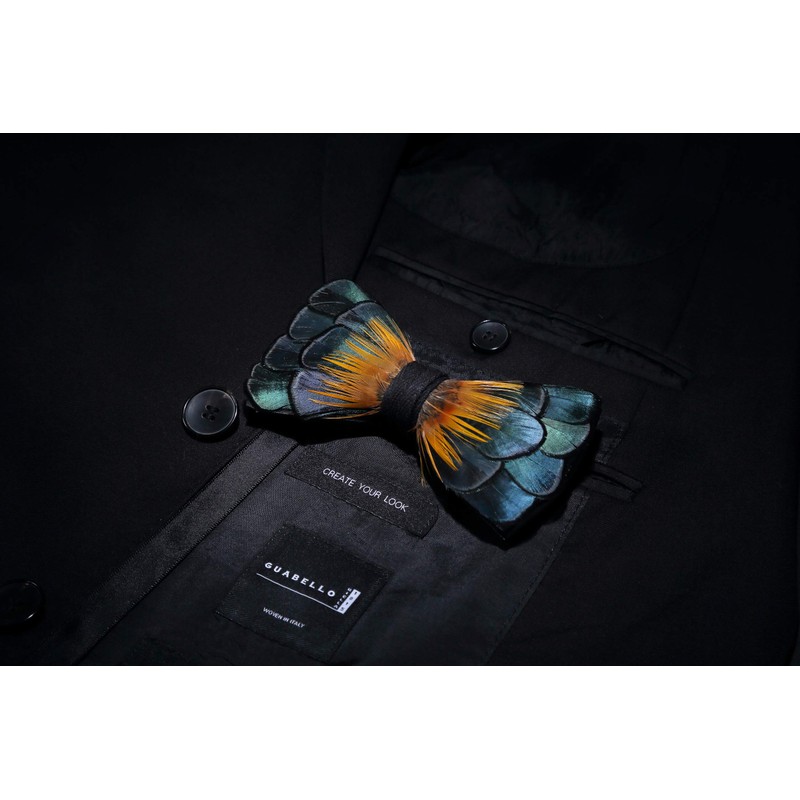 JEMYGINS Blue Feather Bow Tie Leather Bow tie and Brooch