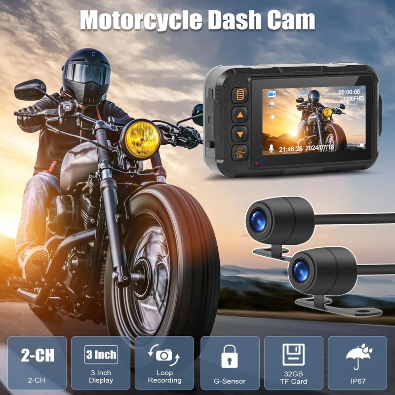 CAMECHO Motorcycle Dash Cam Front and Rear, Night Vision Dash