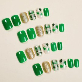 24Pcs St. Patrick's Day Press on Nails Short Square Fake Nails Green Shamrock Design Gold Glitter Artificial Nails Full Cover Glue on Nails Irish False Nails Stick on Nails for Women Acrylic Nails