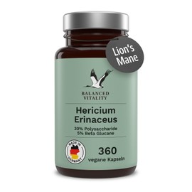 Lions Mane Capsules - Hericium Erinaceus Extract 30:1-360 Vegetarian Capsules for 3 Months - No Additives - Laboratory Tested - Made in Germany Balanced Vitality