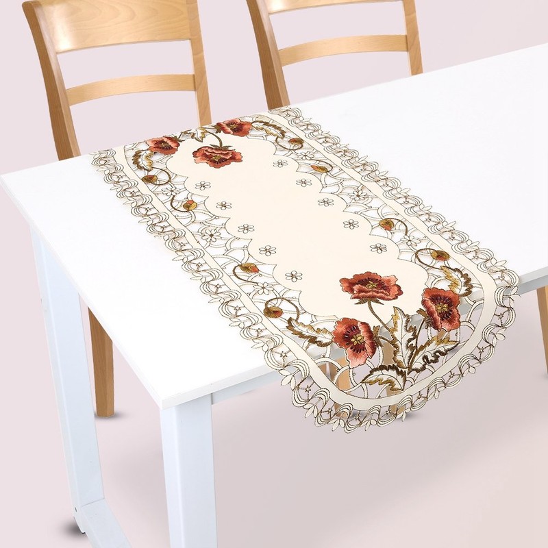 KooingTech Table Runner, Coffee Table Cover, 39x87cm Embroidered Red Floral