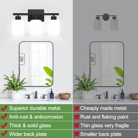 3-Light Bathroom Light Fixtures, Black Vanity Lighting Fixtures with Milky White Frosted Glass Shades, Bathroom Wall Lamp with E26 Socket, for Mirror, Living Room, Bedroom