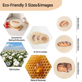 3 Pack Beeswax Cotton Bowl Covers for Bread Proofing, 8/10/12 Inch Reusable Elastic Cloth Food Covers, Washable Fabric Lids for Sourdough, Dough Rising and Kitchen Storage
