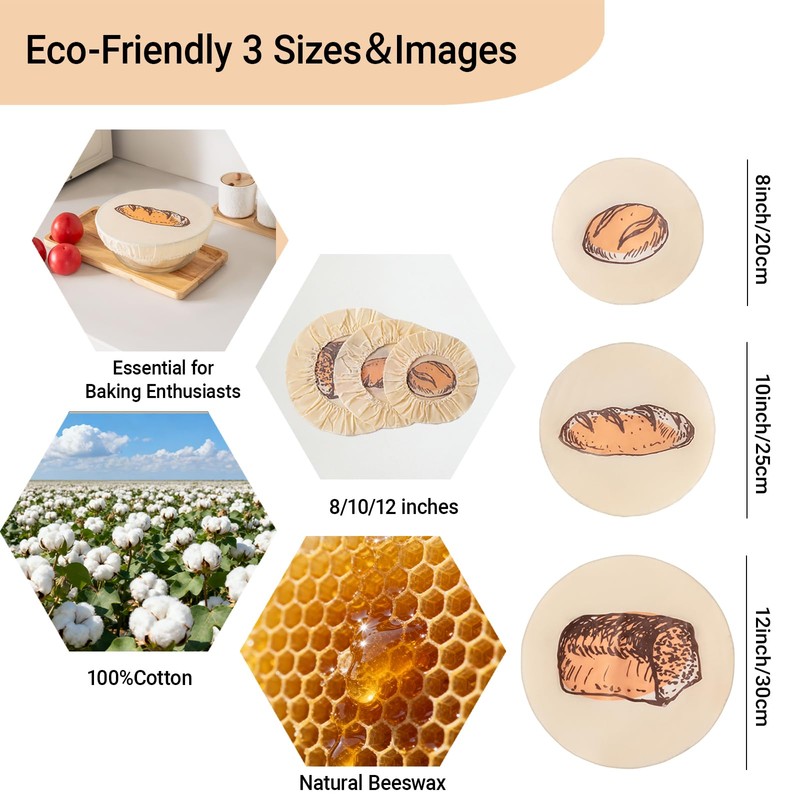 3 Pack Beeswax Cotton Bowl Covers for Bread Proofing, 8/10/12
