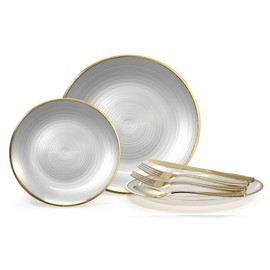 " OCCASIONS " 360 Pcs set (60 guest) Wedding Disposable Plastic Plate and Silverware Combo 10" + 7" + Gold Silverware (Double Fork) (Belize in White Pearl & Gold)