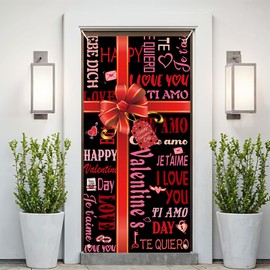 Happy Valentine's Day Door Cover Banner,Valentines Day Decorations Red Black Gift Box Black Red Backdrop Hanging Banner for Home Door Valentine's Day Party Outdoor Indoor Decor