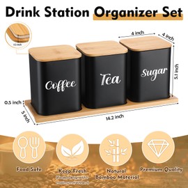 Tioncy Coffee Tea Sugar Container with Tray Set of 3 Airtight Metal Canister with Bamboo Lid Tray for Kitchen Counter Dining Room Farm House Kitchen Style Drink Station Organizer Set(Black)
