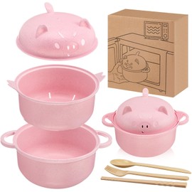 Romooa Large 45oz Cute Ramen Bowl Set Microwavable Pig Ramen Noodle Cooker Wheat Straw Bowl with Strainer Lid Handle Spoon Chopsticks Fork Gift for Home Dorm College(Pink,1 Set)