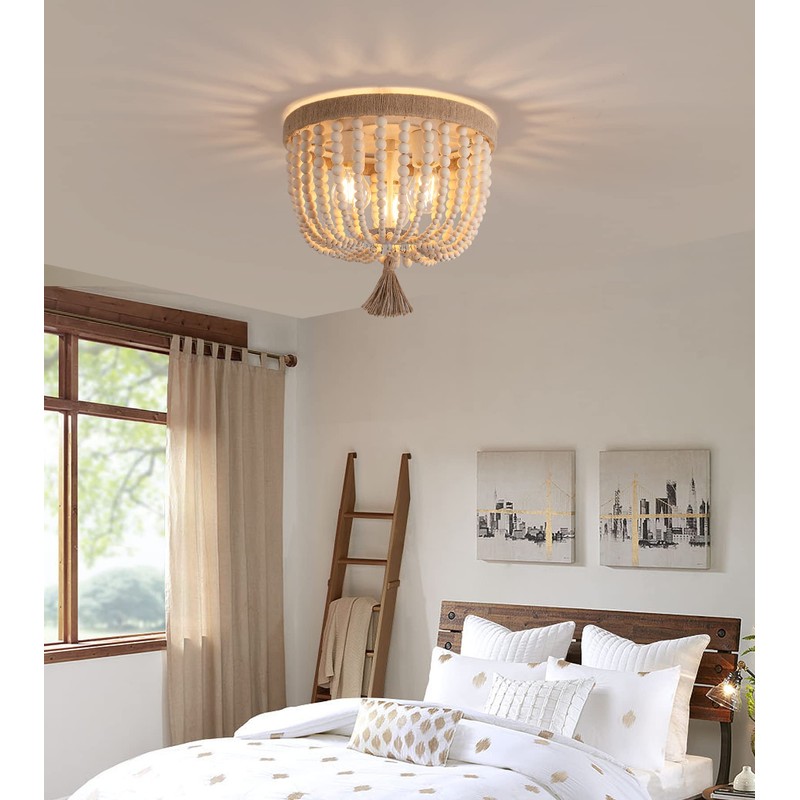 AMZASA Boho Flush Mount Ceiling Light Wooden Beaded Hepm Rope