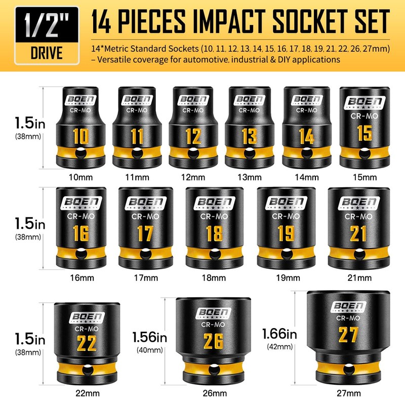 BOEN Pro 1/2" Drive Shallow Impact Socket Set, 14-Piece 6-Point