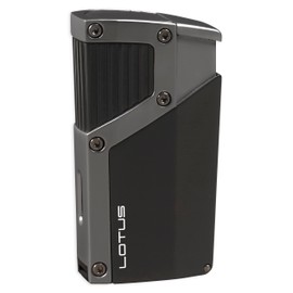 Lotus Czar Cigar Lighter with Quad Pinpoint Torch Flames, Single Action Ignition, All Metal Housing, Integrated 9 mm Cigar Punch, Tinted Fuel Level Window (Black Matte & Gunmetal)
