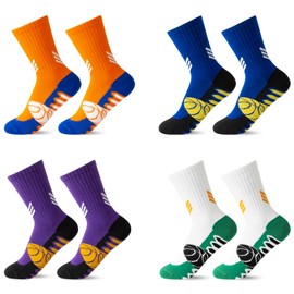 Tphon Basketball Socks for Kids Boys Cushioned Sports Running Training Sock Soccer Athletic Crew Socks for Youth 4 Pairs