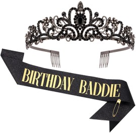 FASOTY Birthday Baddie Sash and Crown Tiara - Black Glitter Sash with Gold Foil Birthday Baddie Sash and Crown for Women Girls Funny Party Favor Supplies