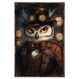 GLOBLELAND Vintage Owl Metal Sign 12x8 in Retro Clock Gentleman Steampunk Animals Tin Signs Wall Poster Plaque for Office Parlor Garage Balcony Kitchen Bedroom Home Wall Decor