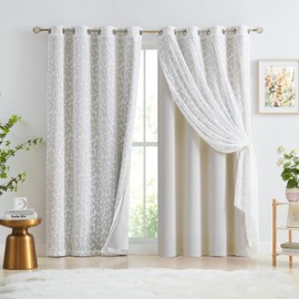 Jubilantex Full Blackout Curtains + Leaf Sheer Window Panels, Mix and Match Style Double Layer Window Treatment Sets for Bedroom Living Room, 4 Panels 52" W x 95" L, Beige and White
