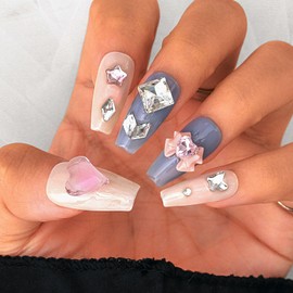 Sethexy Colourful Rhinestone Long Coffin False Nail 3D Crystal False Nails Luxury Handmade Press On Nail Durable Salon Quality Shiny Nails for Women and Girls (U)