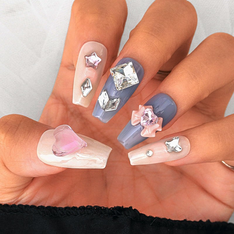 Sethexy Colourful Rhinestone Long Coffin False Nail 3D Crystal False
