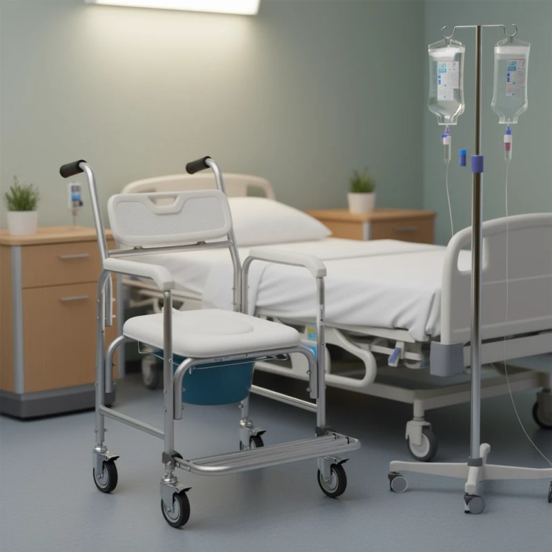 Hospital Chair Bedside Commode 350 Lbs Capacity 4 Wheels Raised