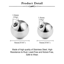 AceFun 14G / 16G Stainless Steel Replacement Balls, Piercing Balls for Lip Piercing, Labret Earrings, Septum Rings, 3 mm / 5 mm, Silver / Black / Gold / Rose Gold Pack of 24-60, Metal Acrylic,