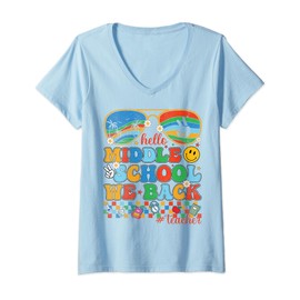 Womens Groovy Hello Middle School We Back Sunglass Teacher Girls V-Neck T-Shirt