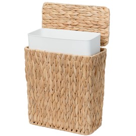 Coeusy 3 Gallon Wicker Trash Can,Small Bathroom Trash Can with Lid,Natural Water Hyacinth Wicker Waste Basket for Bedroom,Toilet,Narrow Garbage Can with Removable Liner
