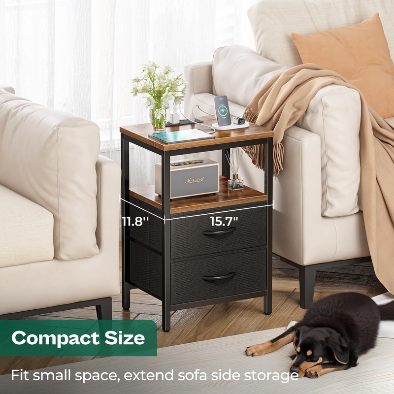 Huuger Nightstand with Charging Station, Side Table with Fabric Drawers,