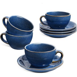 LE TAUCI 6 oz Cappuccino Cups with Saucers, Ceramic Coffee Cup for Au Lait, Double shot, Latte, Cafe Mocha, Tea - Set of 4, Ceylon Blue