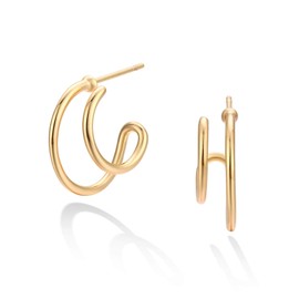 WEARON Double Hoop Earrings for Women Gold Stud 14K Gold Plated Simple Hypoallergenic Small Ear Illusion Jewelry