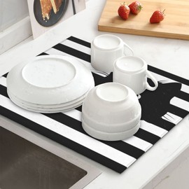 Perinsto Funny Black Cat Dish Drying Mat 16 X 18 Inch, Cute Kitten Animal Kitchen Counter Drainer Mats Dishes Dry Pad Protector Rack Mat, Absorbent Reversible