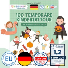 Papierdrachen 100 Children's Stick-On Tattoos from Germany – Tattoos with Seasons and Other Child-Friendly Designs – as Birthday Gift Bags – Vegan – Diversity – Set 13