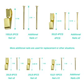 ECKJ Picture Hanging Hooks, 101 Pcs Heavy Duty 10-100 lbs Picture Hangers Hardware Assorted Kit with More Nails for Photo Frame, Wall Hangers on Wooden/Drywall for Clock, Canvas, Home Decoration Gold