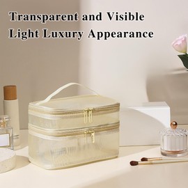 LOZOENNR Large Travel Makeup Organizer Bag - Double Layer Mesh Cosmetic Bag with Handle & Compartments | Water-Resistant Toiletry Storage for Women | (Light Yellow)