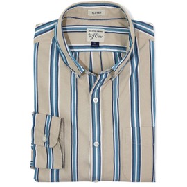 J.Crew Men's Secret Wash Cotton Shirt (Classic Fit, Large, Barley Acropolis - Beige/Blue/White Striped)