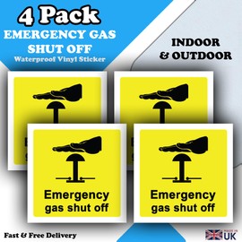 4 Pack - Emergency Gas Shut Off Sticker - Gas Safety Label - 100mm x 100mm - Waterproof Vinyl