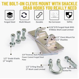 ONECHOI Tractor Bucket Hooks, Bolt On Clevis Mount with 1/2” Shackle, 5/16”Grab Hooks G70 Steel, Shackles Mount with Backer Plate, Heavy Duty Tow Hook for Car Truck SUV RV UTV Tractors Bucket (Gold)
