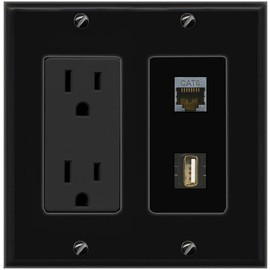 RiteAV 15A Power Outlet 1 Port CAT6-SHIELDED 1 USB2 Jack Decorative Wall Plate [Black]