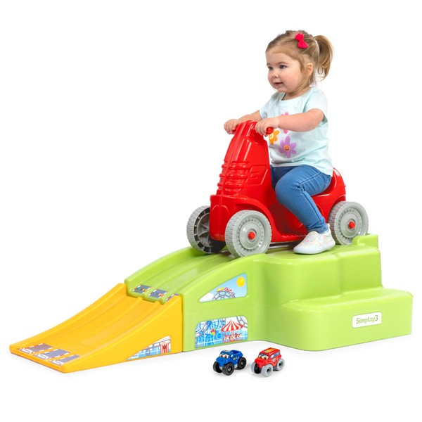 Simplay3 Deluxe Race and Ride Kids Downhill Roller Coaster and Racetrack with Cars, Indoor-Outdoor Ride-on Toy, Includes Two Toy Race Cars and Amusement Park Decals, Ages 2-5 Years, Made in The USA