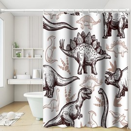 Umpoo Dinosaur World Bathroom Shower Curtain Various Dinosaurs Sketch Pattern Tan Shower Curtain with Hooks Waterproof Fabric Polyester Shower Curtain for Kids Boys Bath Decorative, 36x72 Inch