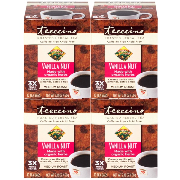Teeccino Herbal Tea – Vanilla Nut – Rich & Roasted Herbal Tea That’s Caffeine Free & Prebiotic for Natural Energy, 10 Tea Bags (Pack of 4)