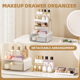 JFJQHS 3-Tier Makeup Organizer for Vanity，Cosmetic Display, Assembly Desktop & Bathroom Countertop Storage with Drawers, Dresser Organizer for Lipsticks, Brushes, Jewelry, Office Supplies (Clear)