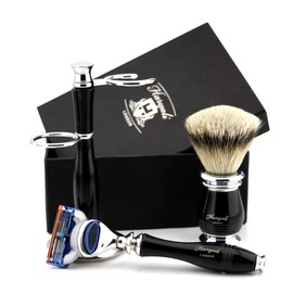 Haryali London Mens Shaving Kit 5 Edge Safety Razor With Silver Tip Badger Hair Shaving Brush and Stand Perfect Set For Men