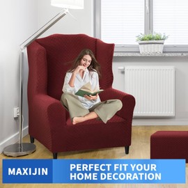 MAXIJIN Wingback Chair Covers 1-Piece Stretch Wing Chair Covers Soft Thick Wingback Armchair Slipcover Non-Slip High Back Chair Furniture Protector Washable (Wing Chair, Wine Red)