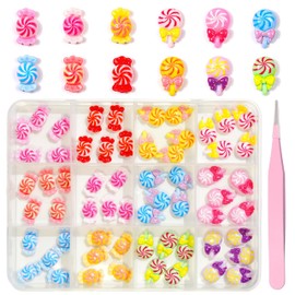 12 Grids Christmas Candy Nail Charms Colorful Bow Candy Nail Art Charms 3D Resin Red Green Pink Blue Christmas Candy Nail Rhinestones Cute Candy Nail Jewelry Nail Decor New Year Nail Gems for Women