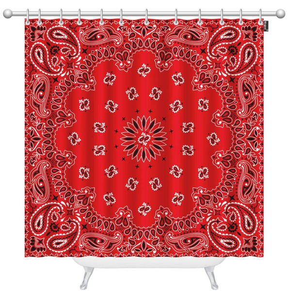 Mugod Western Paisley Shower Curtains Bandana Seamless Pattern with Red