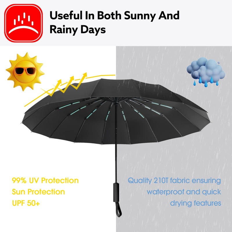LENDOO Compact Foldable 16 Ribs Storm Proof Umbrella Large Pocket