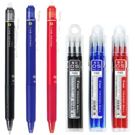 Pilot FriXion Ball Knock Retractable Erasable Gel Ink Pens, Extra Fine Point 0.5mm, Black/Blue/Red Ink, 3 Pens & 9 Refills Value Set